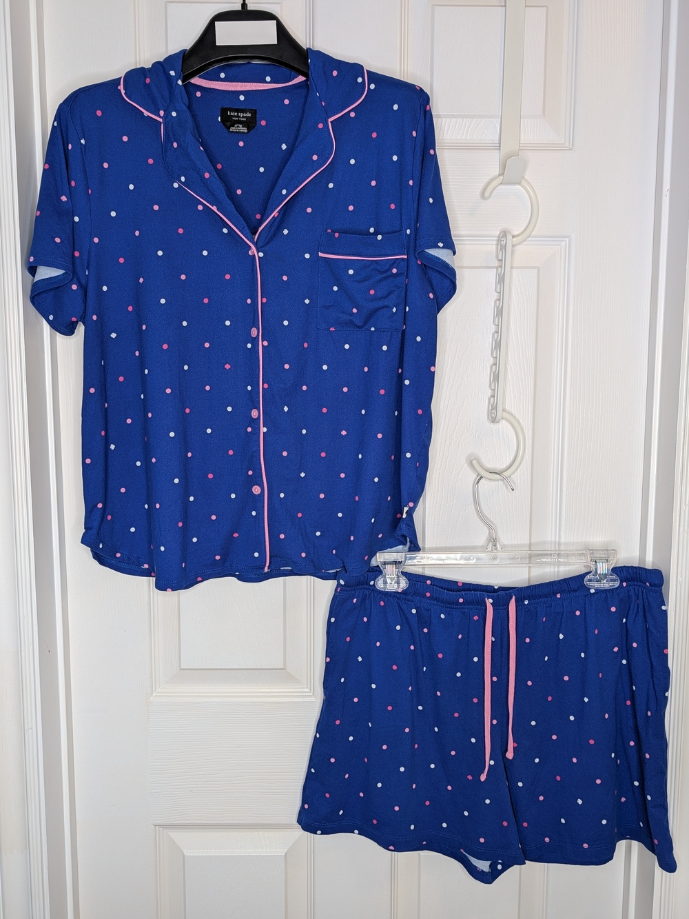 NWOT kate spade Polka Dot Shorts Pajama Set Blue Pink Trim Size XL Lightweight